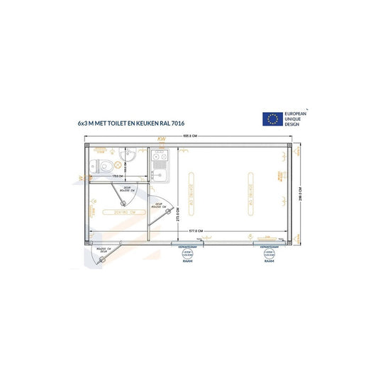 CONTENEDOR OFICINA 6×3 M CON ASEO Y COCINA / NUEVO